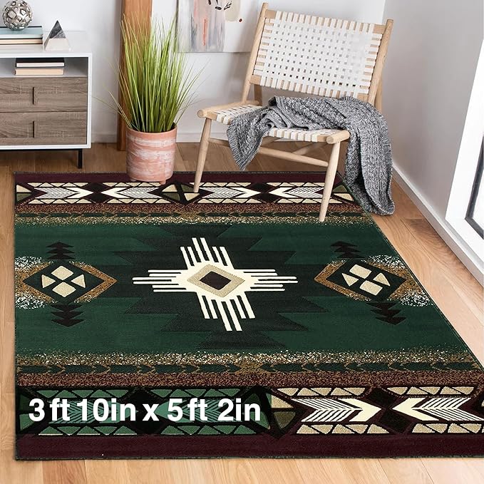 YHSF South West Native American Area Rug C318 - Easy Clean, Thick, Soft, Durable Native Tribal American Indian Inspired Rug for Bedroom/Living Room and More - Hunter Green, 3 ft 10 in x 5 ft 2 in