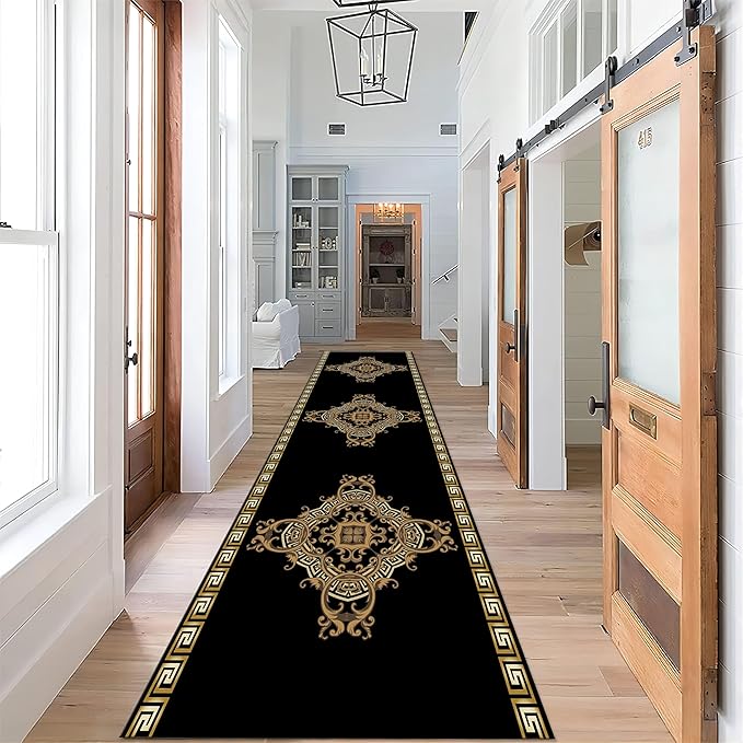 Vintage Baroque Art Long Hallway Rugs Runners, 1.3x7ft, Luxury European Geometric Living Room Rug, Gold Greek Meandering Soft Washable Mats, Shed Resistant Pet Friendly Carpet for Indoor
