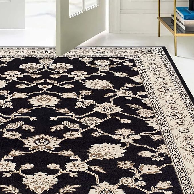 Superior Elegant Kingfield Collection Area Rug, 8mm Pile Height with Jute Backing, Classic Bordered Rug Design, Anti-Static, Water-Repellent Rugs, 5' x 8', Black