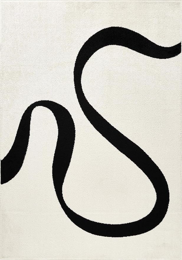 Abani Abstract Beige/Black Area Rug - 6'x9' - Modern Curved Line Design - Deco Collection - Easy to Clean - Durable for High Traffic Areas - Bedroom, Office & Kitchen - Medium Pile