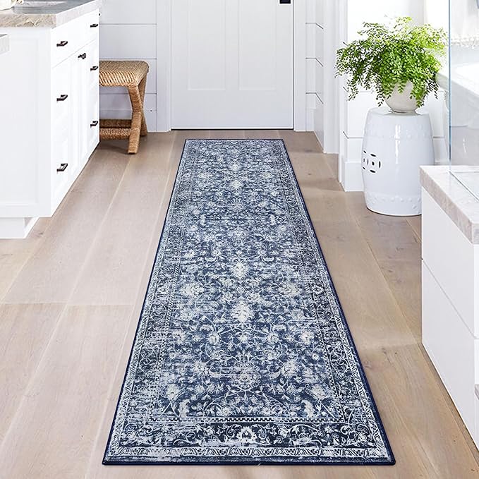 KILOCOCO Hallway Runner 2x5 Printed Vintage Floral Washable Kitchen Runner Rug Non-Slip Runners for Hallways Distressed Boho Runners for Bedroom Laundry Room, Navy Blue