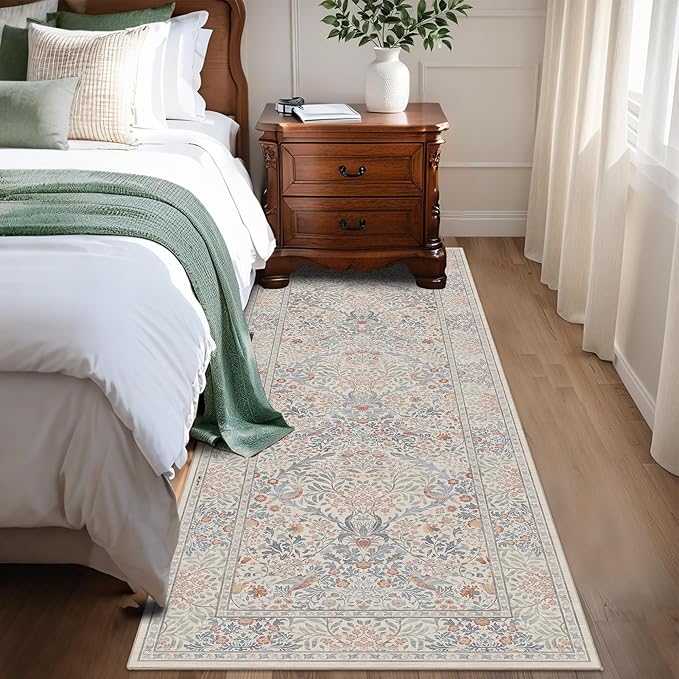 2x6 Floral Washable Area Rugs for Living Room, Vintage Boho Large Rug for Bedroom Dining Room， Distressed Botanical Birds Non Slip Low Pile Forest Animal Throw Carpet for Farmhouse Office, Beige Blue