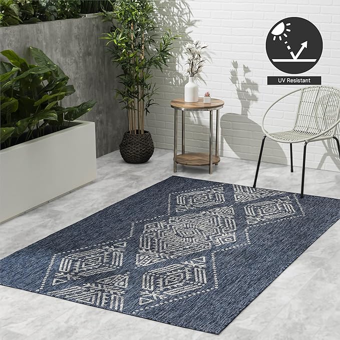 FH Home Outdoor Rug - Waterproof Easy to Clean Stain Resistant - Patio Indoor Outdoor Porch Deck Balcony Entryway - Boho Moroccan - Ariana - Blue - 5ft 2in x 7ft 6in