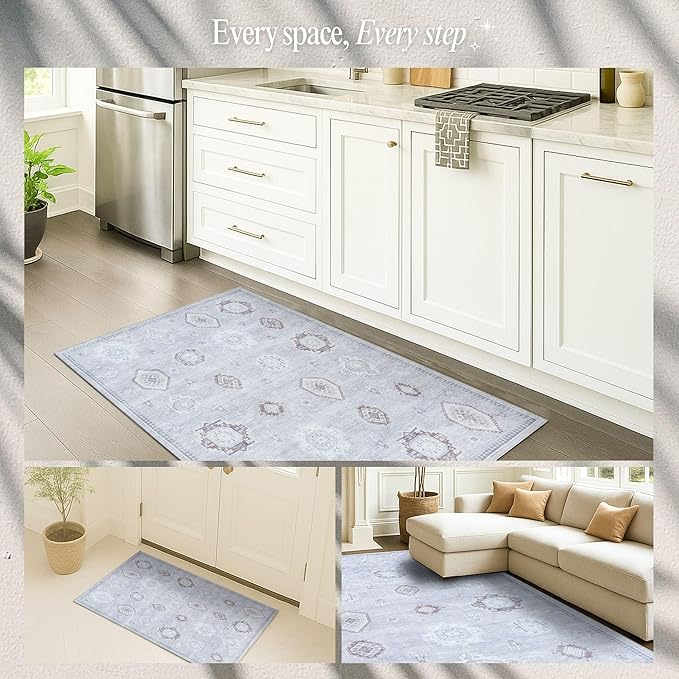 Fame Rugs Turkish Rug. Washable Vintage Oriental Antique Inspired Traditional Doormat Small Modern Area Rugs Luxury Entryway Entry Bedroom Bathroom Kitchen (393VG, 2'5 x 6'9)