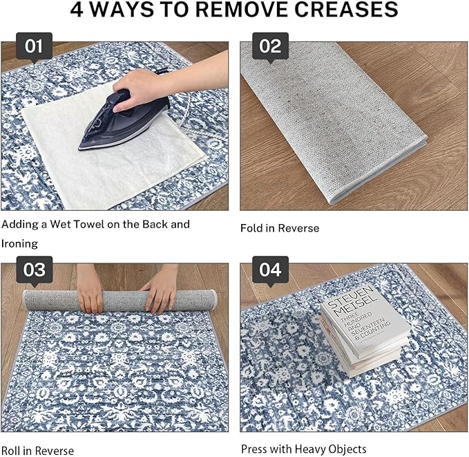 Vintage Entryway Rug 2x3 Washable, Light Blue White Kitchen Rug, Super Soft Thin Faux Wool Small Area Rug, Non-Slip Accent Mat for Foyer, Bedroom, Office