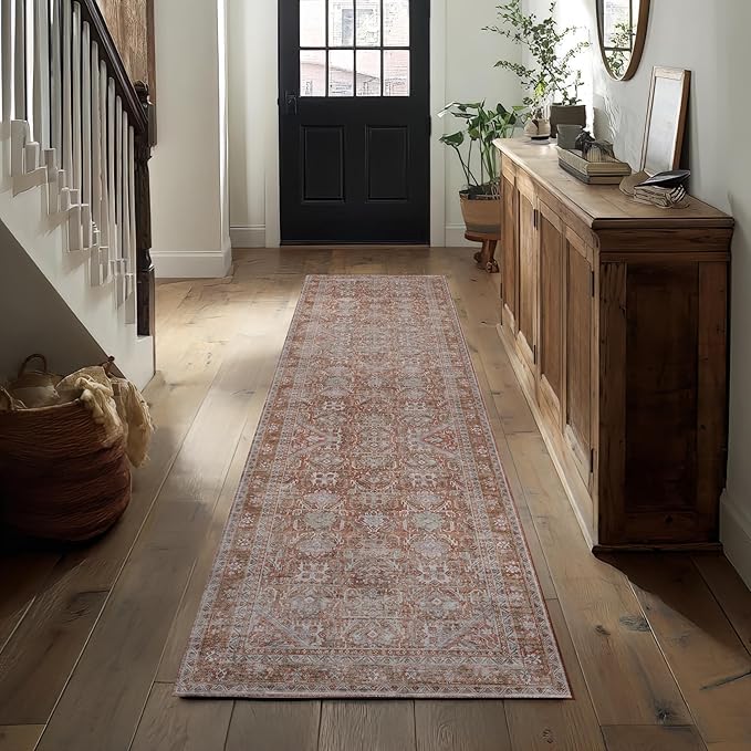 Kuden 2'6"x12 Runner Rug, Machine Washable Area Rug with Non-Slip Backing, Vintage Style, Soft, Easy Clean, Low Pile Rug for Hallway, Entryway, Kitchen, Bedroom