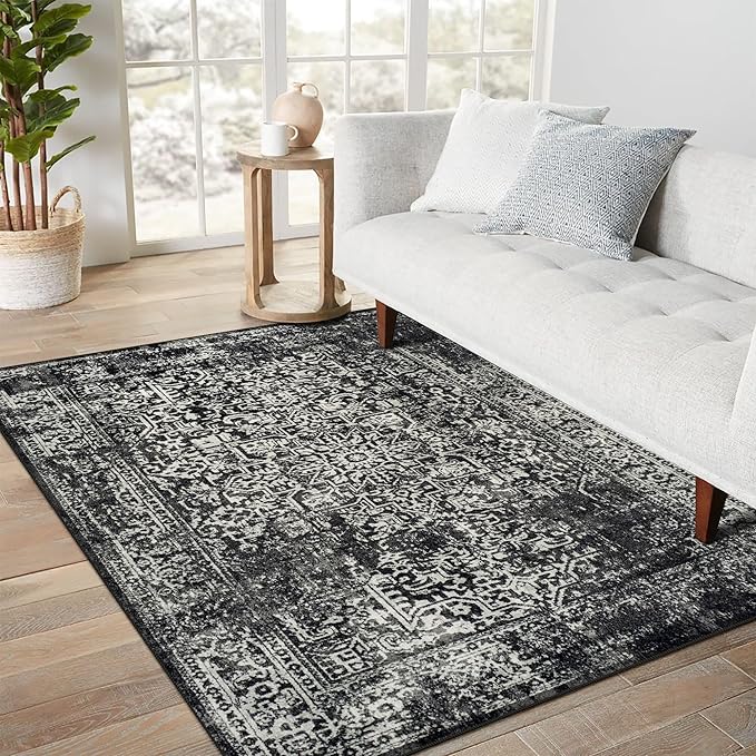 vivorug 6x9 Area Rugs, Stain Resistant Washable Rug for Living Room, Vintage-Inspired Black and White Rug