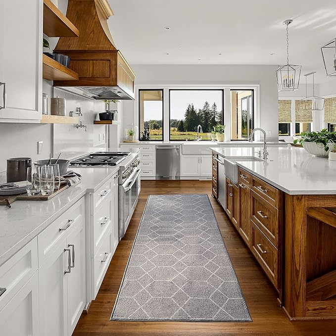 Custom Made Runner Rug for Kitchen Foyer Hallway Entry Choose Your Length Size 26 Inch Wide Geometric Lattice Design Grey Color (3 feet x 26 inch)