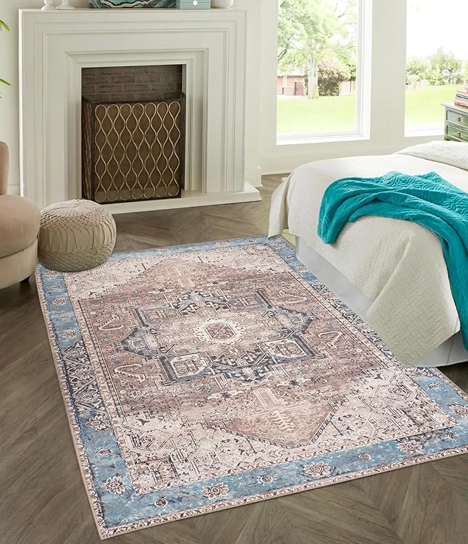 GLN Rugs Traditional Collection - Machine Washable Area Rug, Traditional Washable, Non Slip, Low Pile Chenille Rug, Living Room, Bedroom, Kitchen Rug (4' x 6' Brown/Blue)