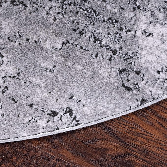 Rugs.com Leipzig Collection Round Rug – 7 Ft Round Grey Low-Pile Rug Perfect for Kitchens, Dining Rooms