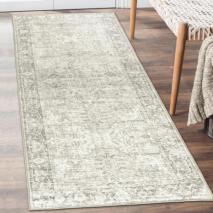ReaLife Rugs Machine Washable Area Rug Runner - Living Room Bedroom Bathroom Kitchen Entryway Office - Padded Low Pile Stain Resistant Premium - Boho Farmhouse Vintage - Lyle - Beige Ivory 2'6" x 8'