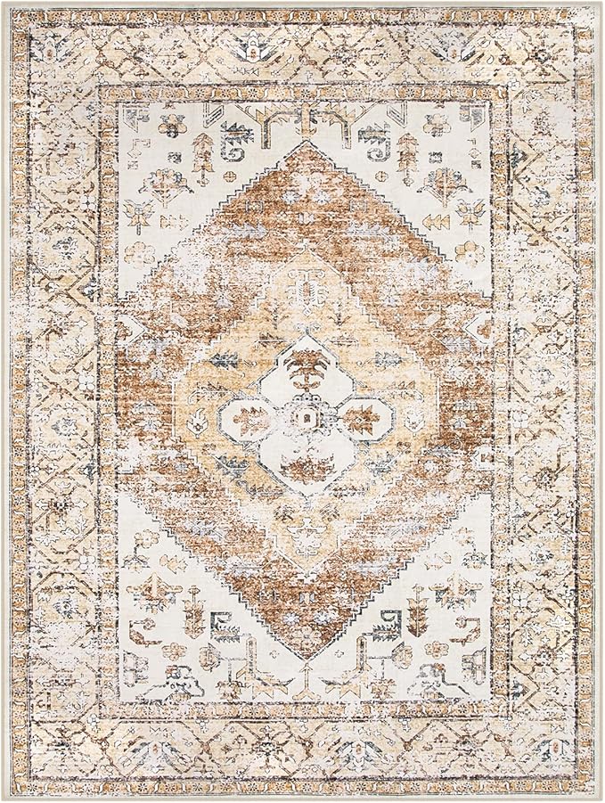 Lahome 9x12 Area Rugs for Living Room - Boho Non-Slip Washable Carpet Ultra-Thin Large Rug Lightweight Throw Foldable Dining Room Mat，Farmhouse Neutral Print Carpet for Bedroom Guest Room (Taupe)