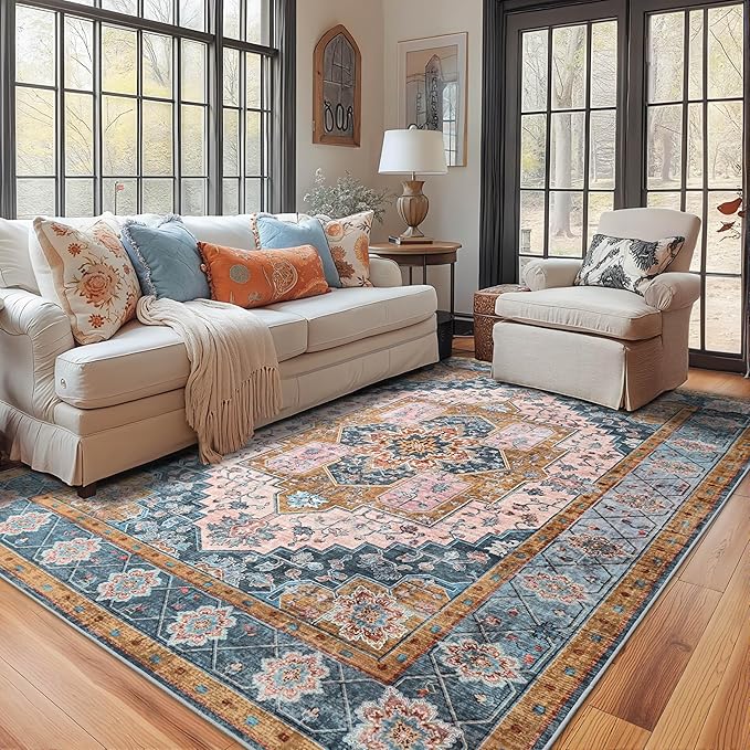 YJ.GWL Area Rugs for Living Room 5x7 Machine Washable Rugs, Non Slip Floral Vintage Rug Indoor Carpet, Stain Resistant Large Rug for Bedroom Dining Room, Brown Blue