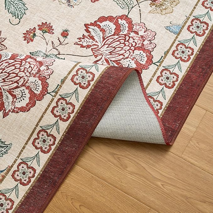 jinchan Elora 2x5 Floral Runner Rug for Hallway Washable Kitchen Runner Vintage Romance Design Non Slip Thin Indoor Floor Cover Low-Profile Throw Carpet for Entryway Bathroom Bedroom Porch, Red/Beige