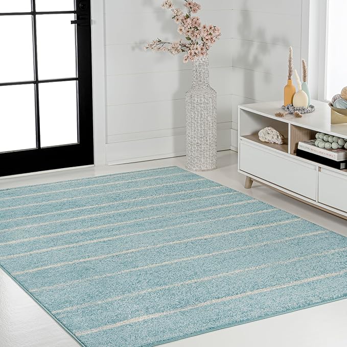 JONATHAN Y Williamsburg Minimalist Stripe Turquoise/Cream Indoor Area Rug, 5x8, Contemporary, Modern, Easy-Cleaning for Living Room, Bedroom, Kitchen, Pet Friendly, Non-Shedding (MOH201B-5)