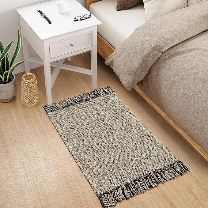 Collive Washable Small Bathroom Rug 2x3, Hand Woven Low Profile Front Door Mat Natural/Black Farmhouse Entryway Rugs, Cotton Reversible Kitchen Carpet for Foyer Bedroom Door Decor