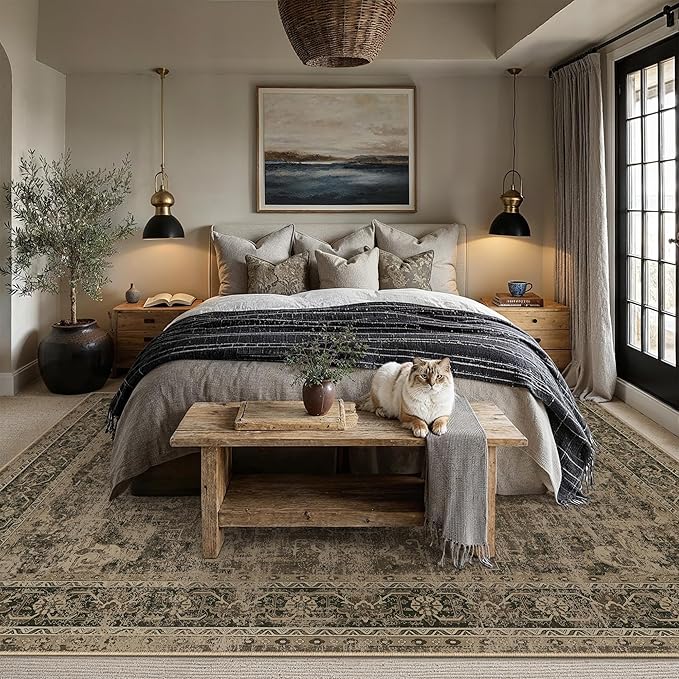 6x9 Washable Area Rug Brown Vintage Distressed Large Rug for Living Room Oriental Soft Thin Indoor Retro Carpet Non Slip Low Pile Floor Cover for Bedroom Dining Room Office Nursery