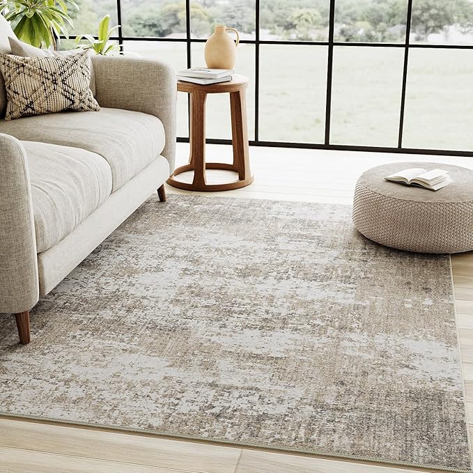 Modern Abstract Beige Gray Area Rug 3x5 Entryway Machine Washable Office Carpet Kitchen Door Mat Indoor Accent Throw Low Pile Non Slip Distressed Living Dining Laundry Room Bedroom