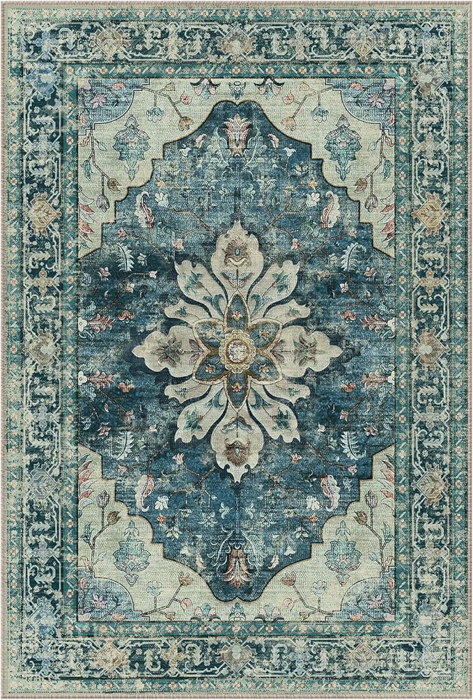 Area Rugs 3'x9' Washable Non-Slip, Floral Vintage Distress Print Pattern Medallion Carpet for Living Room Bedroom Dining Room, Dark Blue Vintage
