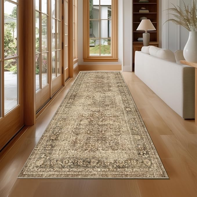 Fmfunctex 3x8 Runner Rug Brown Washable Vintage Neutral Distressed Non Slip Low Pile Indoor Carpet Soft Retro Floral Hallway Entryway Rug for Kitchen Living Room Bedroom Bathroom Laundry Entry Bedside