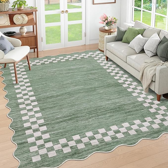 GarveeHome 4x6 Area Rug Small Washable Living Room Rug Scalloped Rug with Rubber Backing Stain Resistant Low Pile Dining Room Throw Carpet Modern Bordered Mat for Bedroom Kitchen, Green