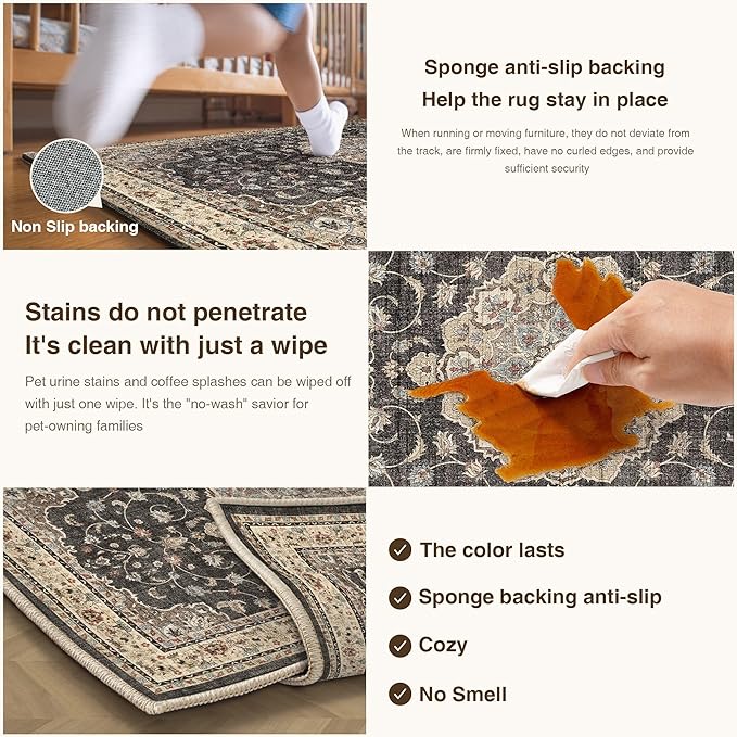 HUGEAR Machine Washable Area Rugs 6x9 Vintage Black Living Room Bedroom Rug Neutral Style Non Slip Stain Resistant Low Pile Throw Carpet for Home Retro Aesthetic Modern Decor
