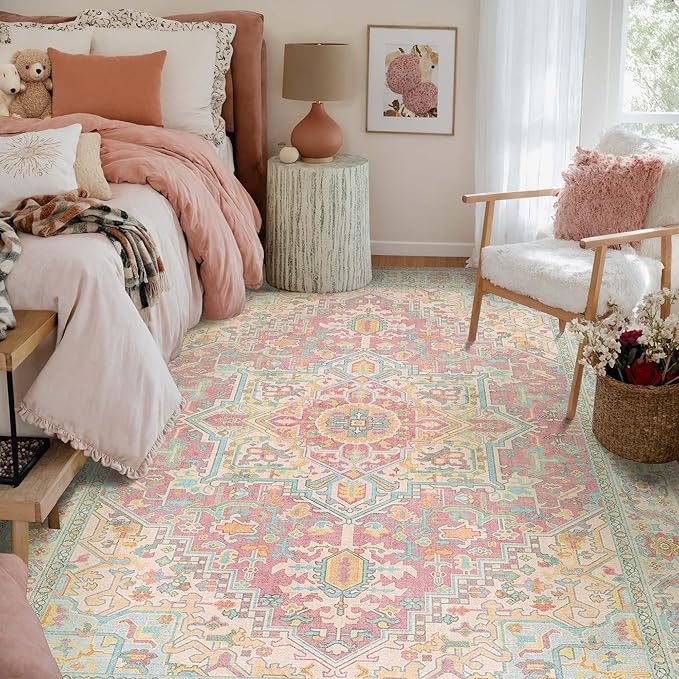 Kokia 5x7 Washable Area Rugs Pink Orange with Vintage Orient Design, Soft Rug for Living Room or Bedroom, Non-Slip Low Pile Stain Resistance Features, Distressed Medallion Pattern