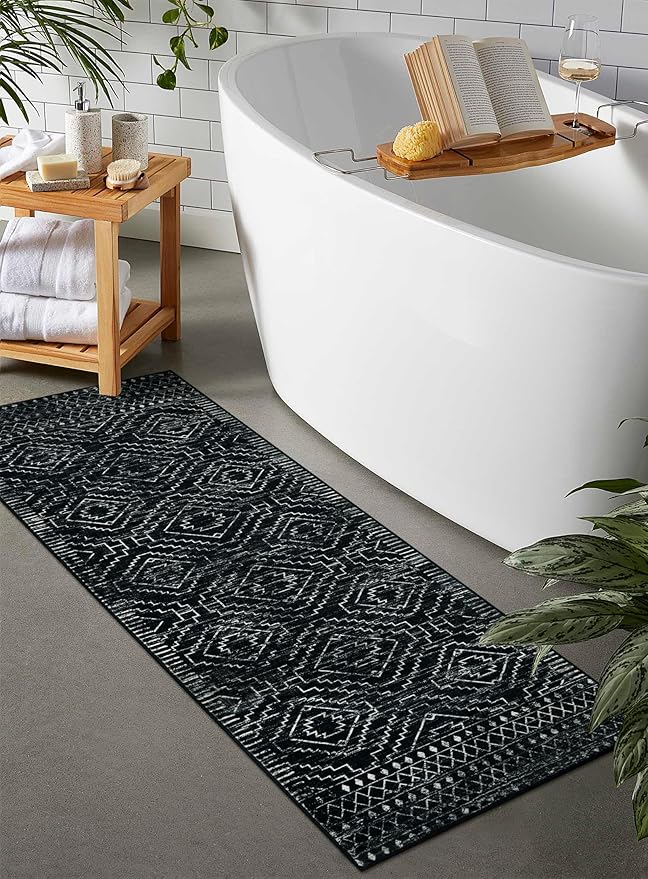 Wonnitar Washable Kitchen Runner Rug 2x6, Moroccan Black Runners for Hallway, Non Slip Bohemian Soft Bathroom Throw Mat Geometric Carpet Runner for Laundry Entryway Bedroom (Black,2'x6')