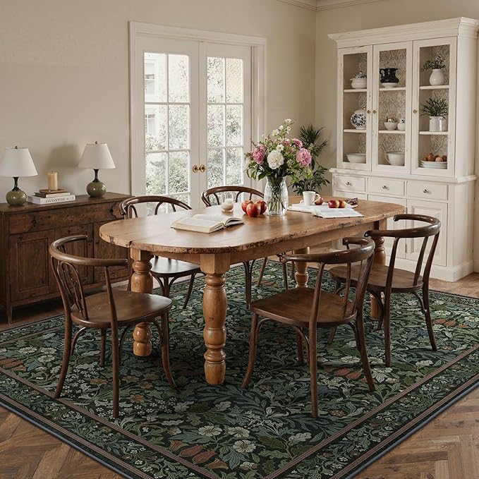 Bavni Floral Dark Green Area Rugs 8x10, Vintage Boho Carpet Machine Washable, Non Slip Soft Low Pile Thin Rug for Bedroom, Living Room, Dining Room, Nursery