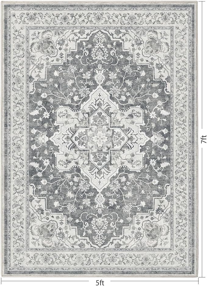 Marsail 5x7 Machine Washable Area Rug, Soft & Slip-Resistant Large Area Rug with Reinforced Bound Edges, Vintage Short-Pile Washable Rug with Floral Pattern for Living Room, Dinning Room and Bedroom