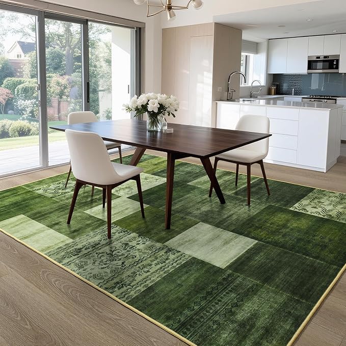 Tepook Modern Area Rug for Living Room, 5x7 Geometric Large Rugs for Bedroom, Washable Patchwork Rug Indoor Non-Slip Throw Carpets for Dining Room Office Farmhouse Home Decor, Green