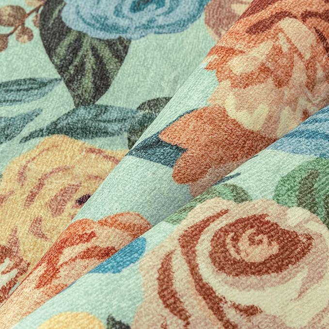 Washable Floral Area Rug 5x7 Green Living Room Carpet Scalloped Flower Non Slip Soft Bedroom Rug Farmhouse Low Pile Thin Indoor Floor Cover for Office Dining Room Kitchen Bathroom