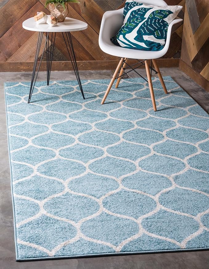 Rugs.com Lattice Frieze Collection Rug – 6' x 9' Light Blue Medium Rug Perfect for Living Rooms, Large Dining Rooms, Open Floorplans