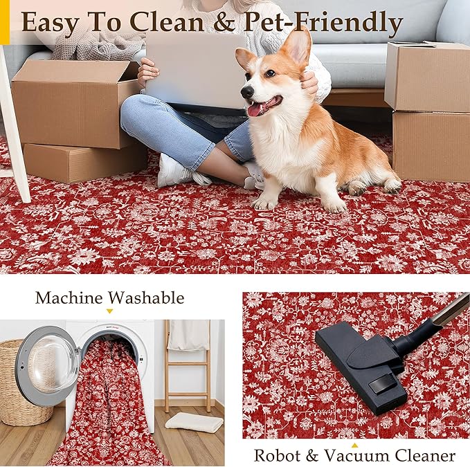 Christmas Runner Rug 2x6 Red Washable Hallway Carpet Retro Floral Holiday Decorative Non Slip Low Pile Soft Throw Long Xmas Rug for Kitchen Bedroom Bathroom