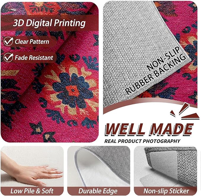 Southwestern Rugs for Bedroom - 4x5ft - Ethnic Vintage Floral Medallion Rugs for Living Room Non Slip Low Pile Machine Washable Area Rug, Southwestern Carpets Home Decor & Gifts