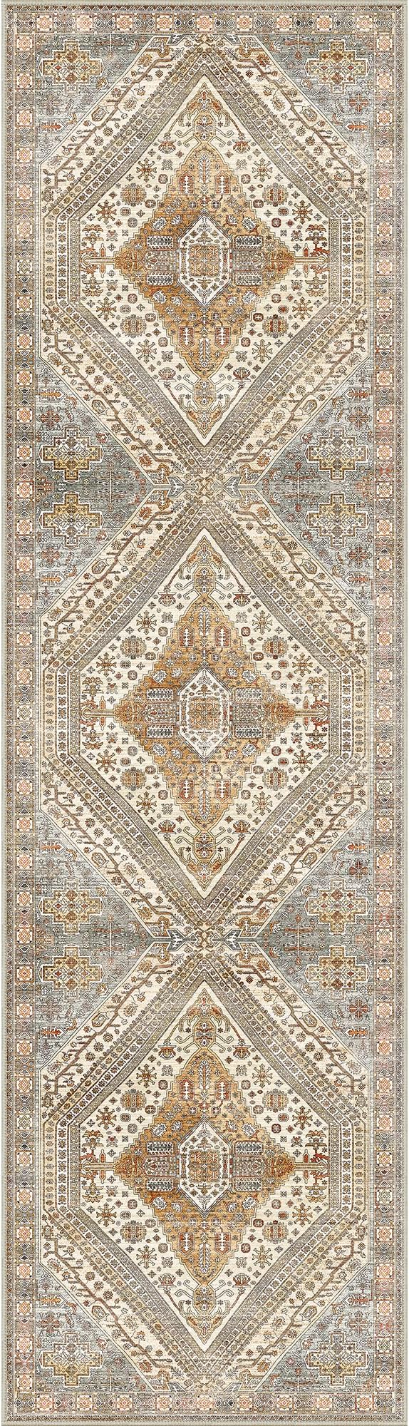 Bavni Runner Rug 2x12 Kitchen Rugs for Hallways Entryway, Washable Vintage Print Carpet, Ultra-Thin Chenille Low Pile Lightweight Rug with Non Slip Backing, Light Tan/Grey