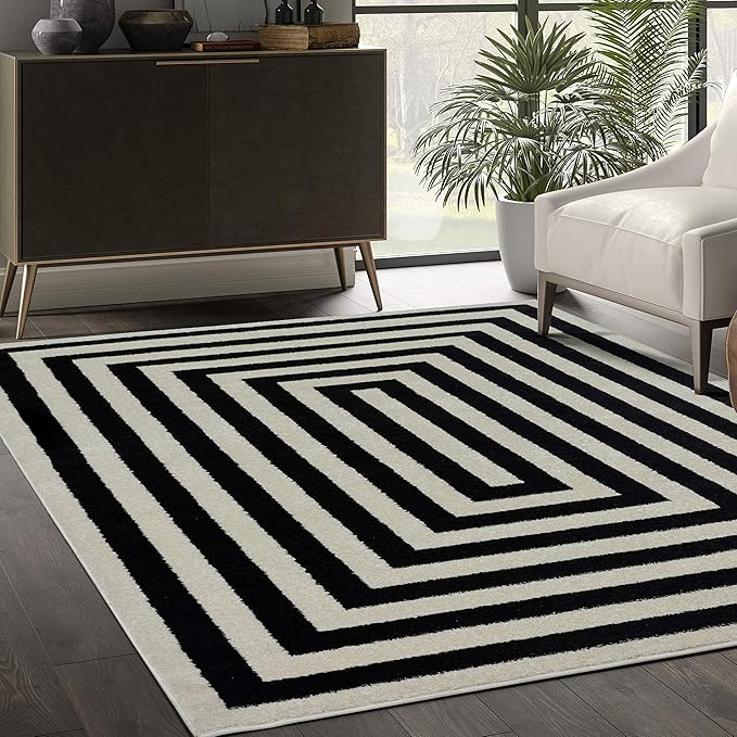 Abani Contemporary Black & Ivory 6' x 9' Area Rug, Contrasting Geometric Modern Stripe Symmetrical Living Room Carpet Rugs