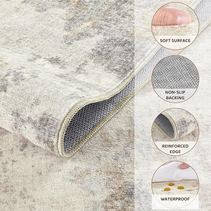3x5 Area Rug Living Room Rugs - Washable Neutral Modern Abstract Soft Thin Rug Indoor Floor No Slip Rug Carpet for Bedroom Under Dining Table Home Office Decor - Light Brown/Gray