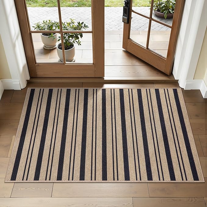 Tangsoo Stripe Easy Jute Rug,Ultra Thin 2x3 Outdoor Rug for Entryway,Non-Slip Washable Small Rug Modern Front Door Mat Throw Carpet for Kitchen Bedroom Porch Doorway