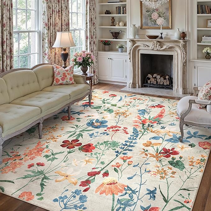 Beige Area Rug 5x7 Floral Washable Living Room Kitchen Boho Carpet Non Slip Low Pile Indoor Accent Lightweight Soft Throw Rug for Bedroom Office Dining Room Nursery Farmhouse