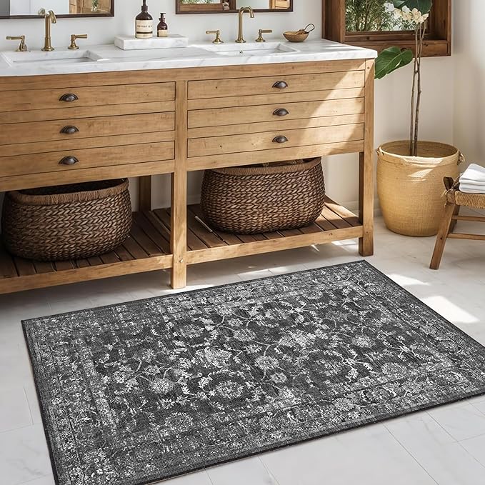 Washable Area Rug 2x3 Black Rugs for Living Room, Vintage Boho Rug for Bedroom Dining Room Office, Distressed Floral Print Carpet for Under Table, Soft Non Slip Low Pile Throw Carpet Indoor Mat