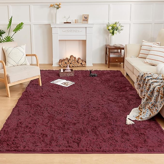 Andency 6x9 Area Rugs Burgundy,Large Shag Fluffy Soft Shaggy Rugs for Living Room Bedroom, Non-Slip Thick Plush Carpet for Kids Girls and Boys, Dorm Nursery Home Decor Aesthetic