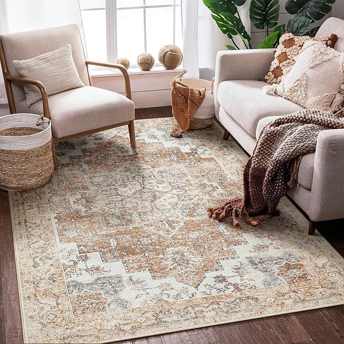 GENIMO 8x10 Area Rugs for Living Room, Machine Washable Non Slip Vintage Retro Rugs, Low Pile Lightweight Chenille Print Rug for Bedroom, Dining Room, Home Office, Orange