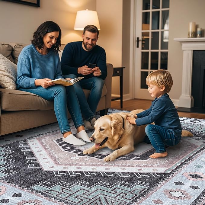 Fame Living Washable Area Rug. Modern Farmhouse. Vintage. Turkish. Bohemian. Distressed. Oriental. Traditional. Rugs for Living Room. Dining. Bedroom. Office. Entryway. Foyer. (856BlckGry, 2'5" x 13')