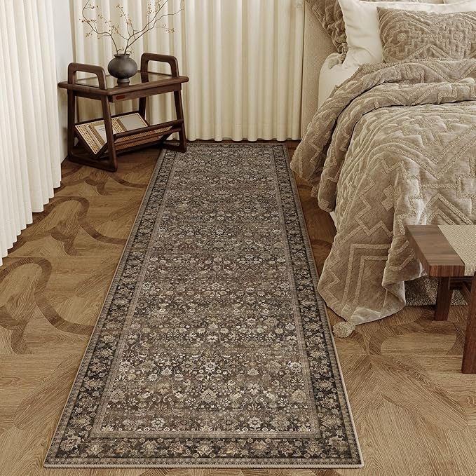 HUGEAR 3x12 Runner Rug Machine Washable Brown Hallway Area Rug Indoor Accent Rug Floral Low Pile Carpet Soft Throw Rug Bedroom Living Room Office Dining Room Kitchen Laundry Room Non Slip