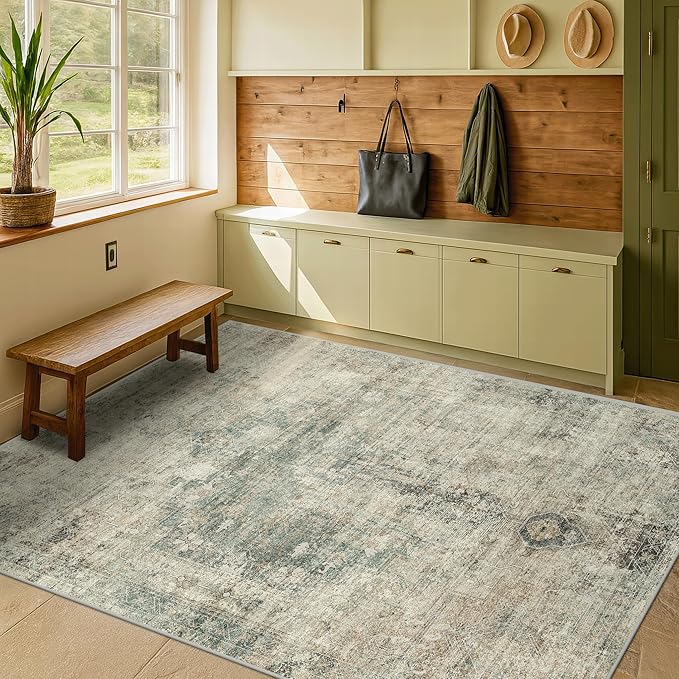 Tan and Moss Rugs for Dining Room - Neutral Abstract Faded Patterned Accent Rug 5x8 for Living Room, Home Office, Bedroom Foldable Soft Washable