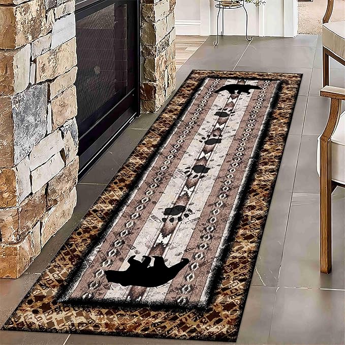 Unique Wildlife Runner Rug, 4x12ft, Bear Border Design Area Rug, Rustic Log Cabin Runner for Entryway, Rubber Backing Durable Floor Rug, Vintage Western Decoration, Fade-Resistant Print Carpet