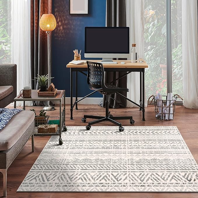 Rugshop Geometric Boho Square Rug – Gray Tribal Pattern, Perfect for Living Room, Bedroom, Dining Room, 6'6" x 6'6" Square