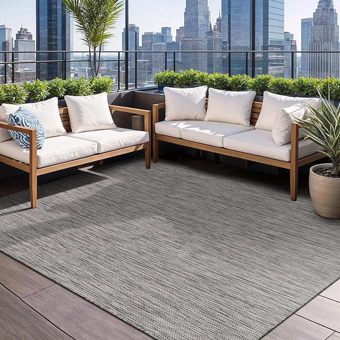 Beverly Rug Indoor Outdoor Rug 9x12, Washable Outside Carpet for Patio, Deck, Porch, Solid Modern Area Rug, Water Resistant, Silver Gray