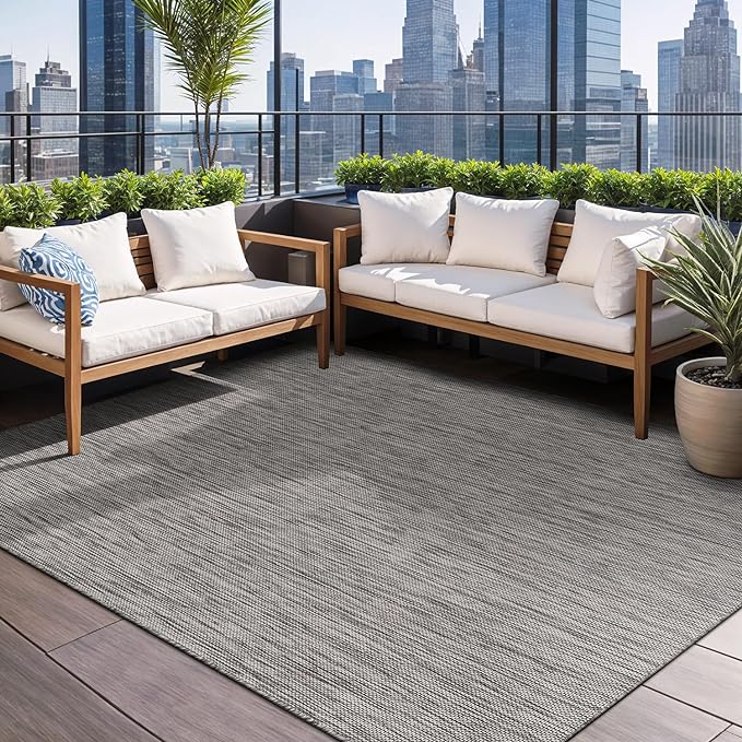 Beverly Rug Indoor Outdoor Rug 5x7, Washable Outside Carpet for Patio, Deck, Porch, Solid Modern Area Rug, Water Resistant, Silver Gray